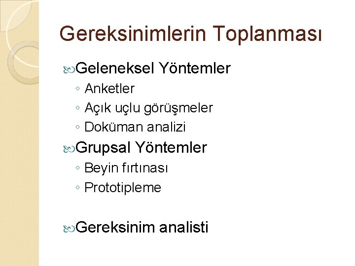 Gereksinimlerin Toplanması Geleneksel Yöntemler ◦ Anketler ◦ Açık uçlu görüşmeler ◦ Doküman analizi Grupsal