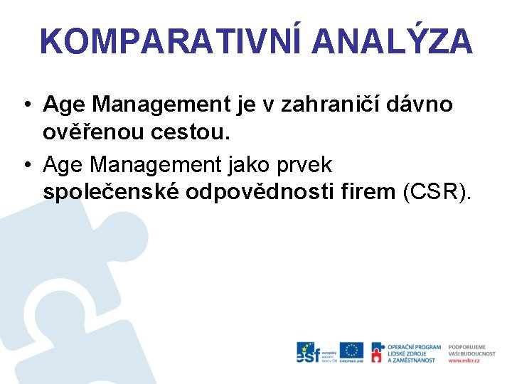 KOMPARATIVNÍ ANALÝZA • Age Management je v zahraničí dávno ověřenou cestou. • Age Management