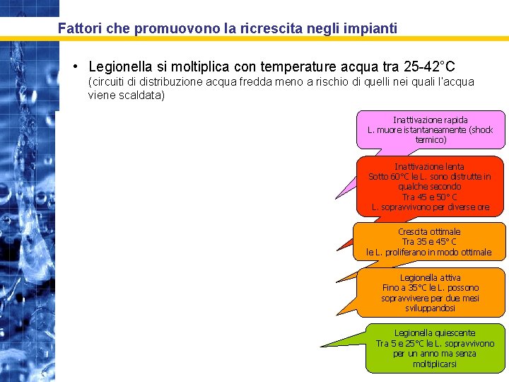 Fattori che promuovono la ricrescita negli impianti • Legionella si moltiplica con temperature acqua