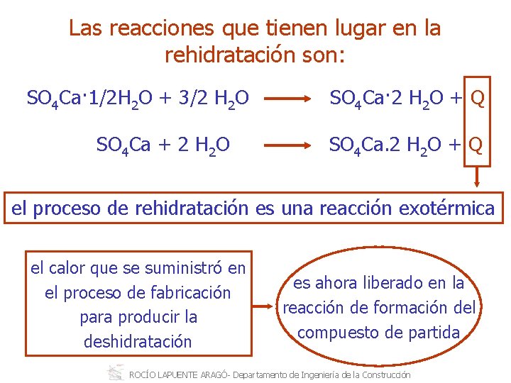 Las reacciones que tienen lugar en la rehidratación son: SO 4 Ca· 1/2 H