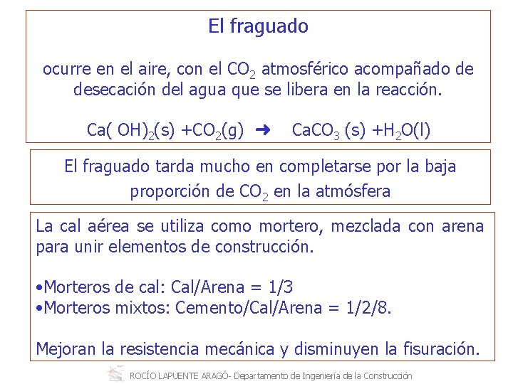 El fraguado ocurre en el aire, con el CO 2 atmosférico acompañado de desecación