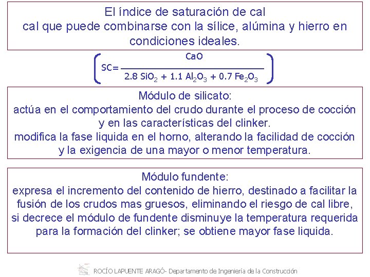 El índice de saturación de cal que puede combinarse con la sílice, alúmina y