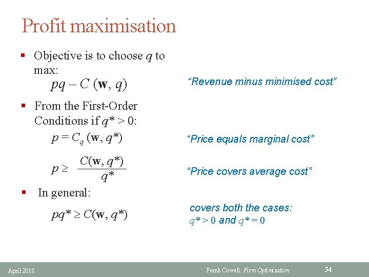 Profit maximisation § Objective is to choose q to max: pq – C (w,