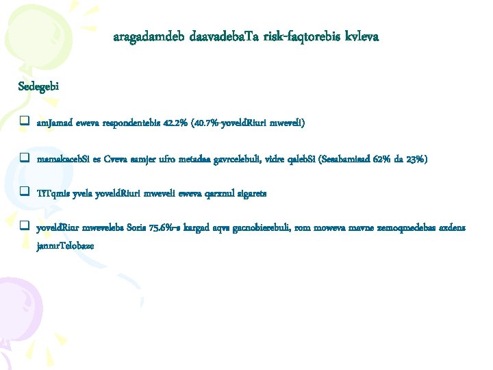 aragadamdeb daavadeba. Ta risk-faqtorebis kvleva Sedegebi q am. Jamad eweva respondentebis 42. 2% (40.