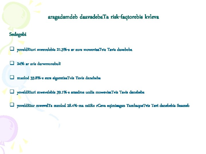 aragadamdeb daavadeba. Ta risk-faqtorebis kvleva Sedegebi q yoveld. Riuri mwevelebis 21. 3%-s ar surs