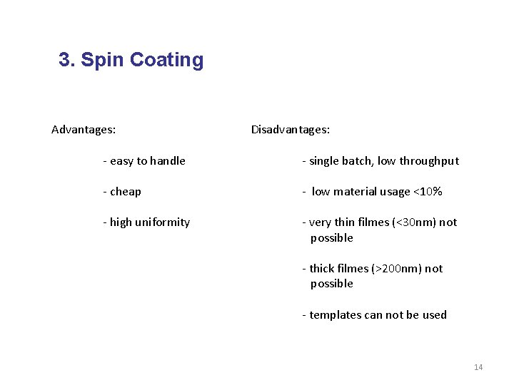 3. Spin Coating Advantages: Disadvantages: - easy to handle - single batch, low throughput