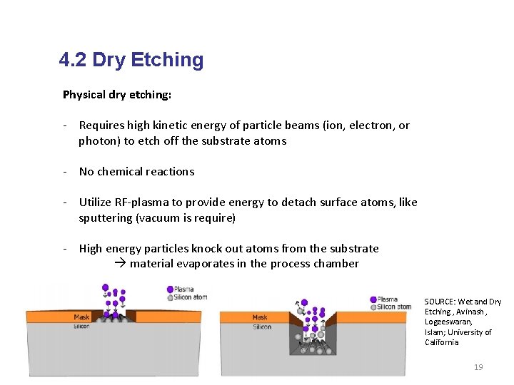 4. 2 Dry Etching Physical dry etching: - Requires high kinetic energy of particle