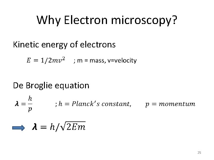 Why Electron microscopy? Kinetic energy of electrons De Broglie equation 25 