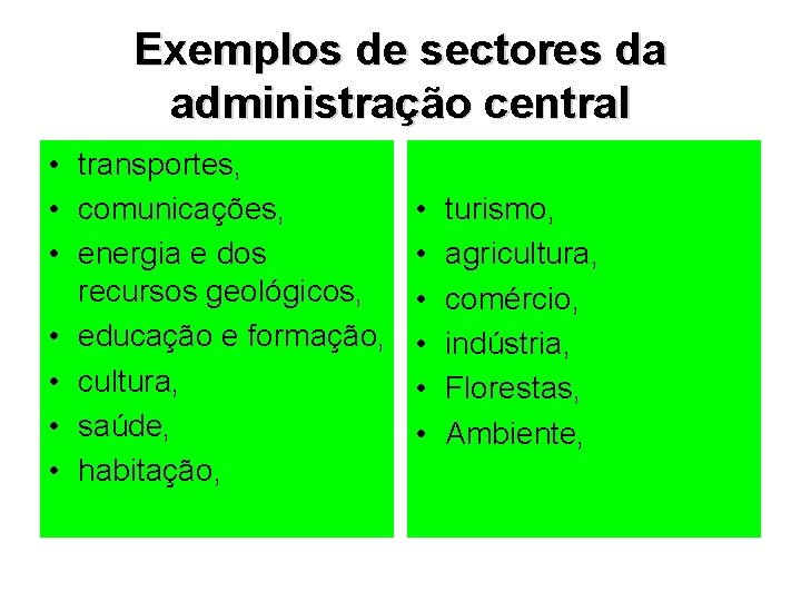 Exemplos de sectores da administração central • transportes, • comunicações, • energia e dos