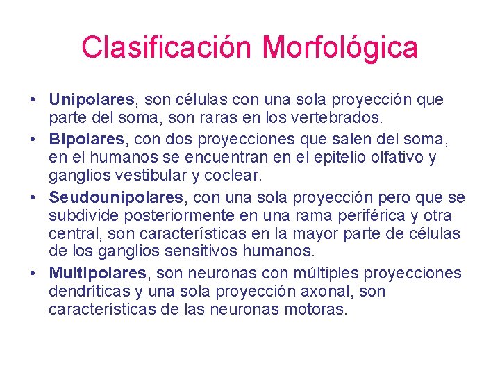 Clasificación Morfológica • Unipolares, son células con una sola proyección que parte del soma,