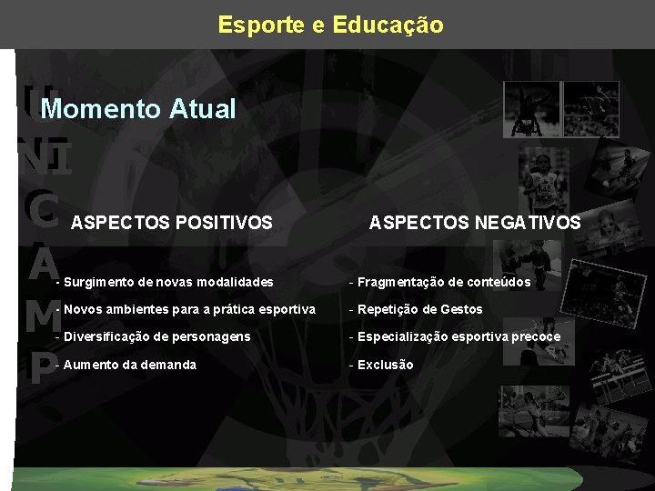 Esporte e Educação U UMomento Atual NI NI C C ASPECTOS POSITIVOS A A