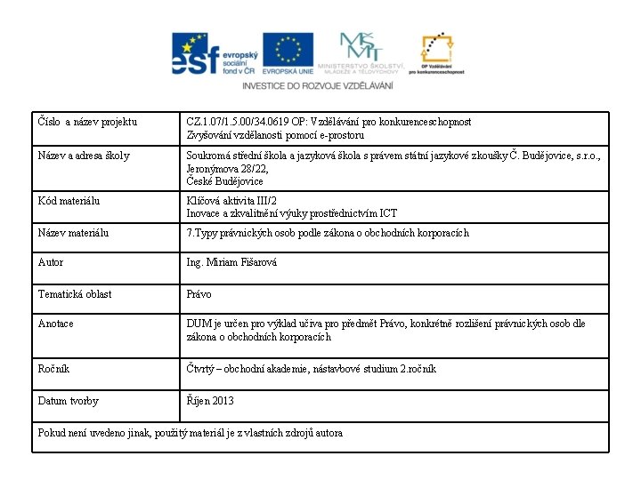 Číslo a název projektu CZ. 1. 07/1. 5. 00/34. 0619 OP: Vzdělávání pro konkurenceschopnost