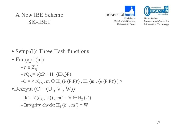 A New IBE Scheme SK-IBE 1 • Setup (l): Three Hash functions • Encrypt