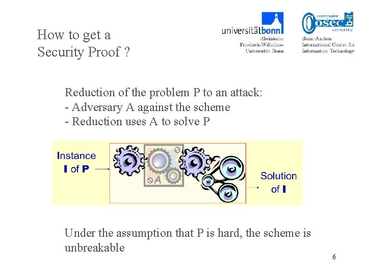 How to get a Security Proof ? Reduction of the problem P to an