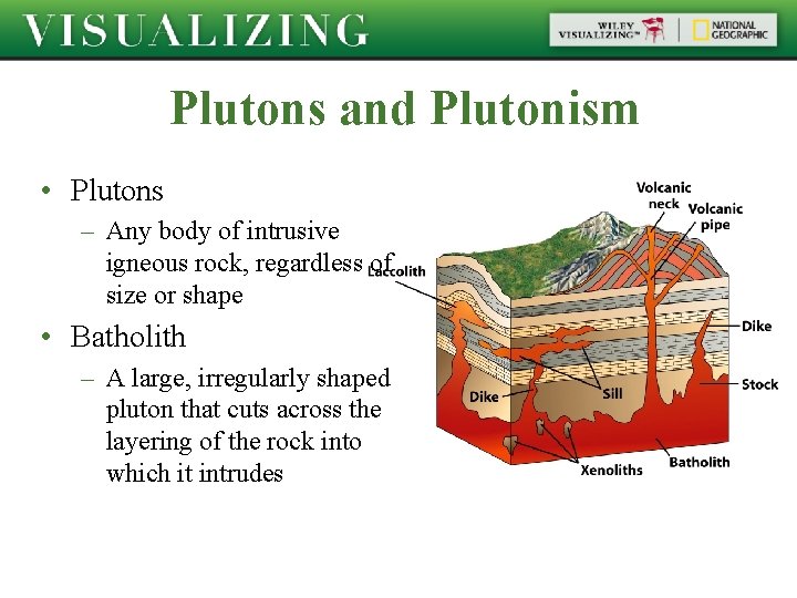 Plutons and Plutonism • Plutons – Any body of intrusive igneous rock, regardless of