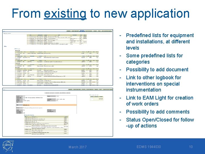From existing to new application - Predefined lists for equipment and installations, at different