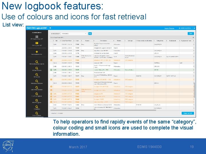 New logbook features: Use of colours and icons for fast retrieval List view: To