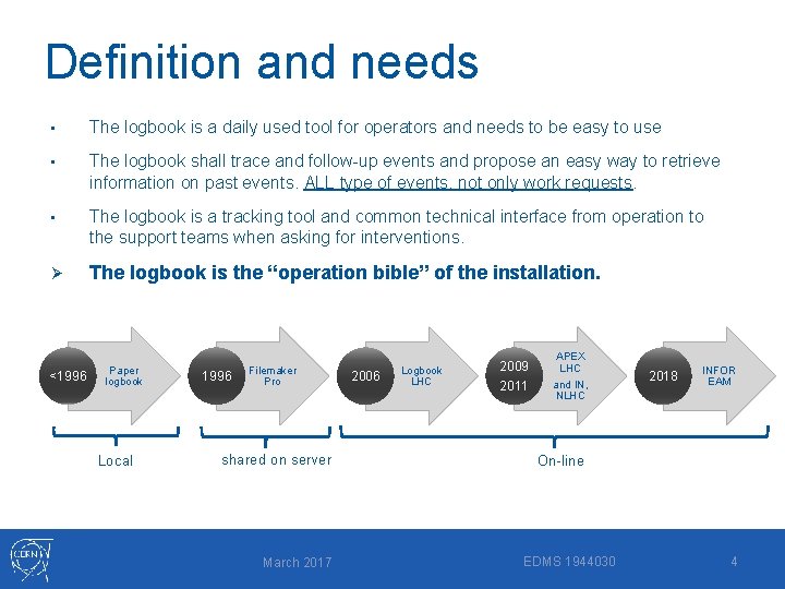 Definition and needs • The logbook is a daily used tool for operators and