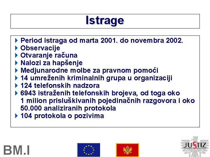 Istrage Period istraga od marta 2001. do novembra 2002. Observacije Otvaranje računa Nalozi za