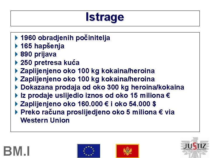 Istrage 1960 obradjenih počinitelja 165 hapšenja 890 prijava 250 pretresa kuća Zaplijenjeno oko 100