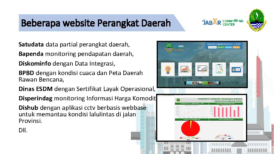 Beberapa website Perangkat Daerah Satudata partial perangkat daerah, Bapenda monitoring pendapatan daerah, Diskominfo dengan