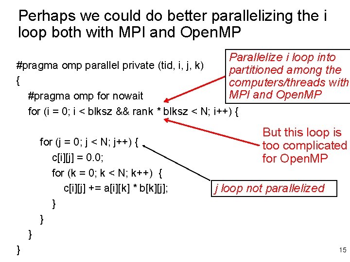 Perhaps we could do better parallelizing the i loop both with MPI and Open.