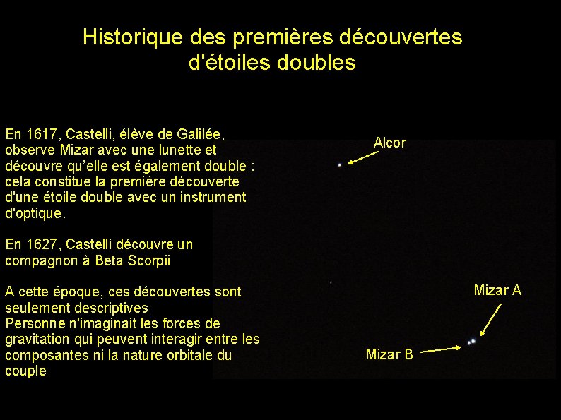 Historique des premières découvertes d'étoiles doubles En 1617, Castelli, élève de Galilée, observe Mizar