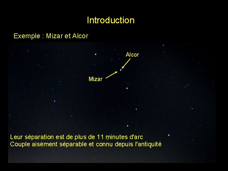 Introduction Exemple : Mizar et Alcor Mizar Leur séparation est de plus de 11