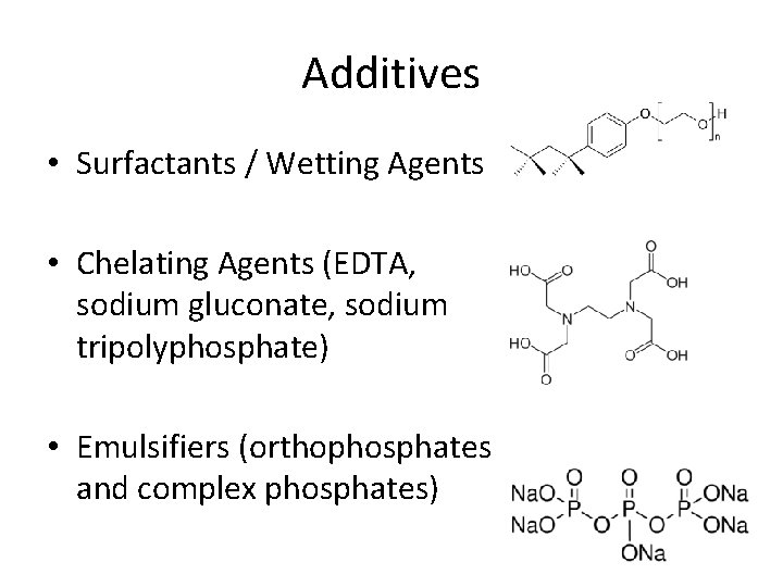 Additives • Surfactants / Wetting Agents • Chelating Agents (EDTA, sodium gluconate, sodium tripolyphosphate)