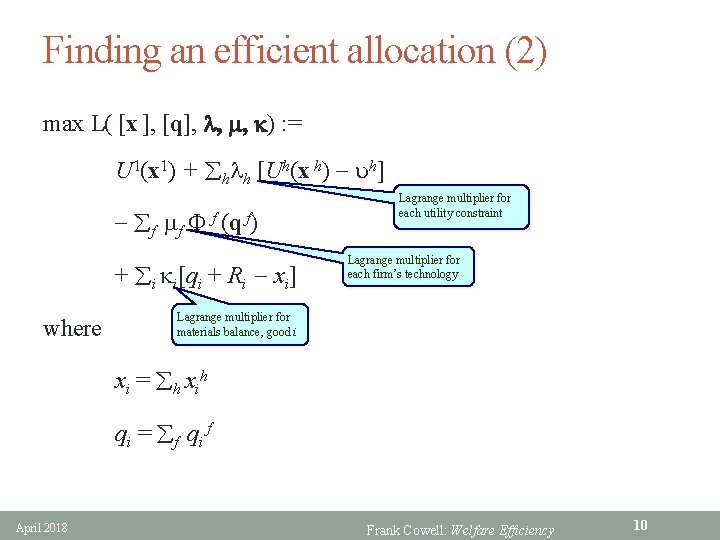 Finding an efficient allocation (2) max L( [x ], [q], l, m, k) :