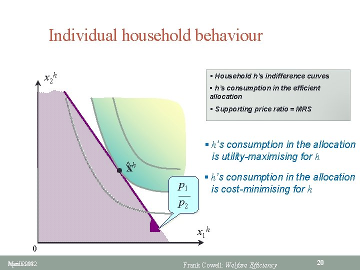 Individual household behaviour x 2 h § Household h’s indifference curves § h’s consumption