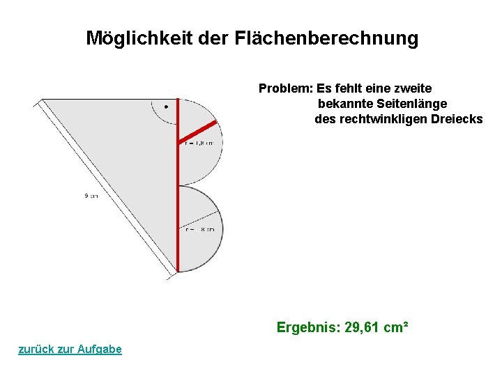 Möglichkeit der Flächenberechnung Problem: Es fehlt eine zweite bekannte Seitenlänge des rechtwinkligen Dreiecks Ergebnis: