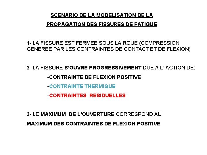 SCENARIO DE LA MODELISATION DE LA PROPAGATION DES FISSURES DE FATIGUE 1 - LA