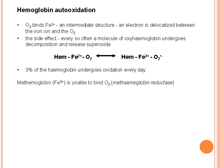 Hemoglobin autooxidation • • O 2 binds Fe 2+ - an intermediate structure -