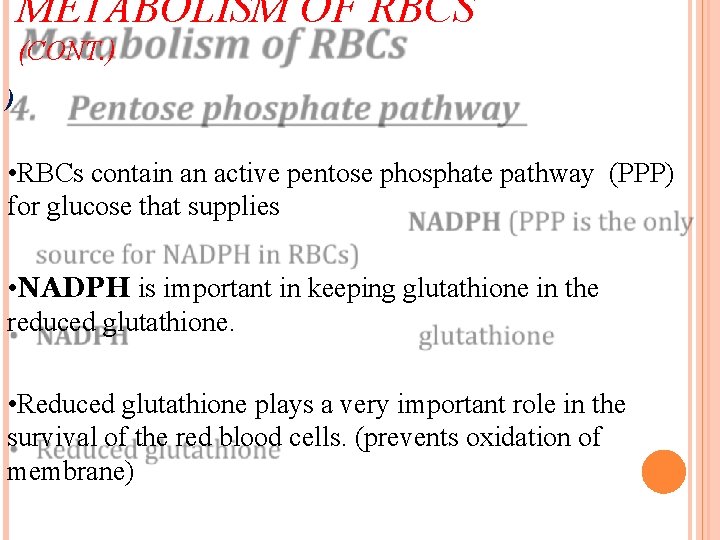 METABOLISM OF RBCS (CONT. ) ) • RBCs contain an active pentose phosphate pathway