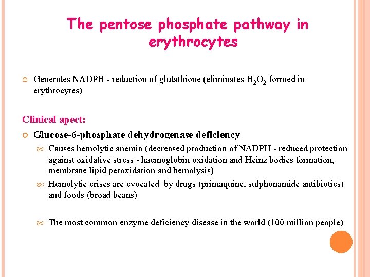 The pentose phosphate pathway in erythrocytes Generates NADPH - reduction of glutathione (eliminates H