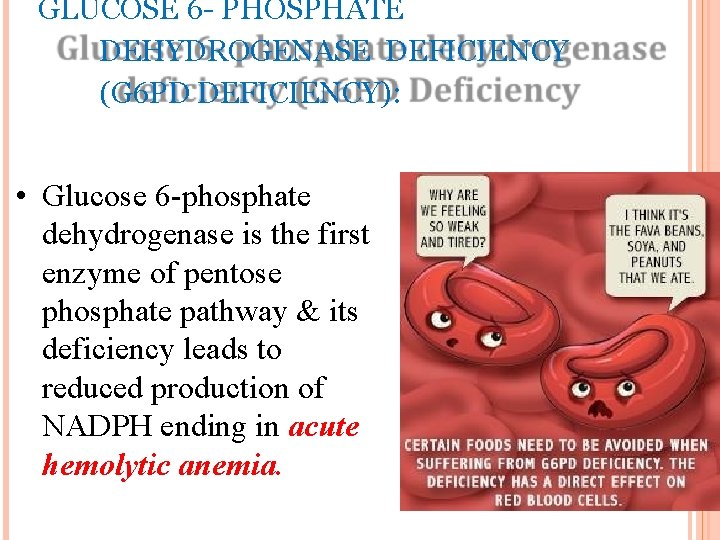 GLUCOSE 6 - PHOSPHATE DEHYDROGENASE DEFICIENCY (G 6 PD DEFICIENCY): • Glucose 6 -phosphate