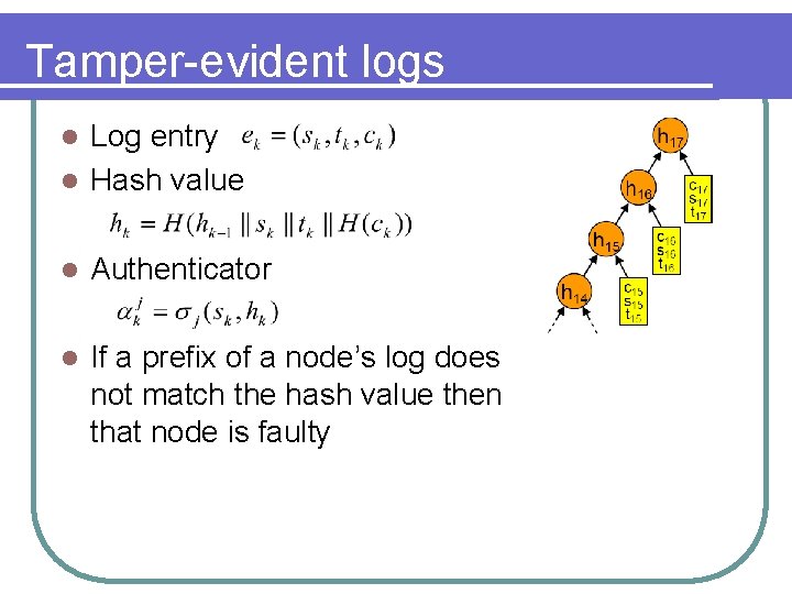 Tamper-evident logs Log entry l Hash value l l Authenticator l If a prefix