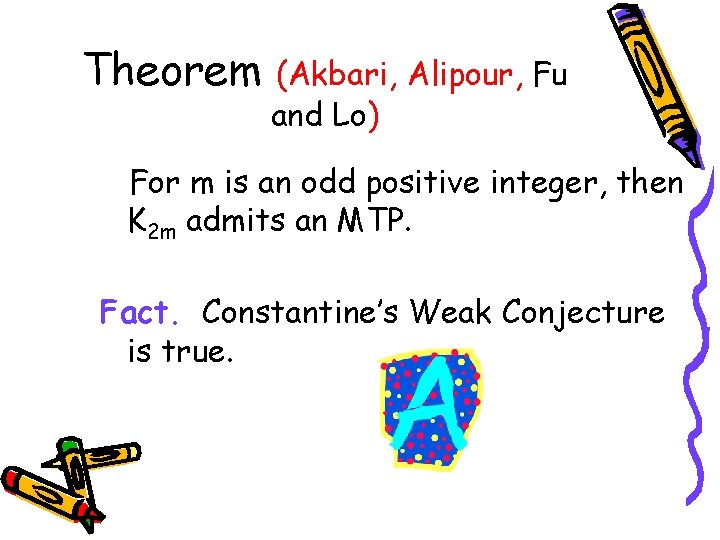 Theorem (Akbari, Alipour, Fu and Lo) For m is an odd positive integer, then
