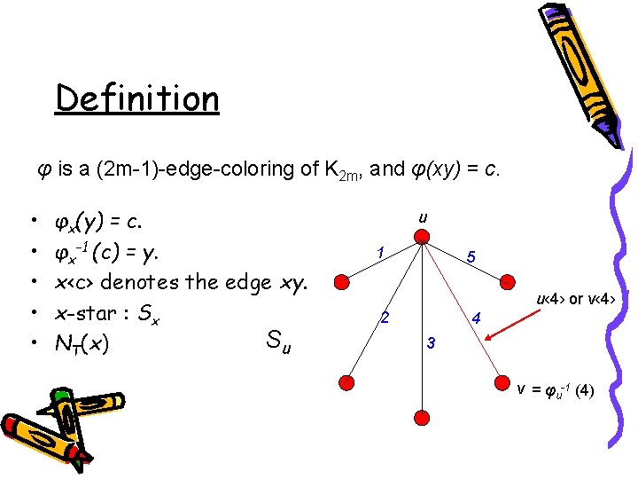 Definition φ is a (2 m-1)-edge-coloring of K 2 m, and φ(xy) = c.