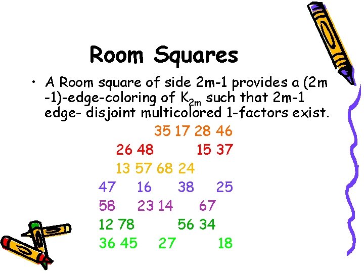 Room Squares • A Room square of side 2 m-1 provides a (2 m