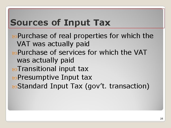 Sources of Input Tax Purchase of real properties for which the VAT was actually