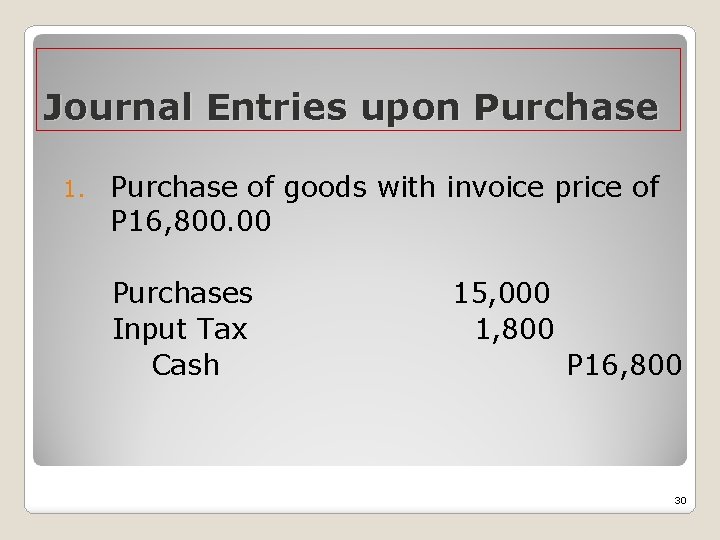 Journal Entries upon Purchase 1. Purchase of goods with invoice price of P 16,
