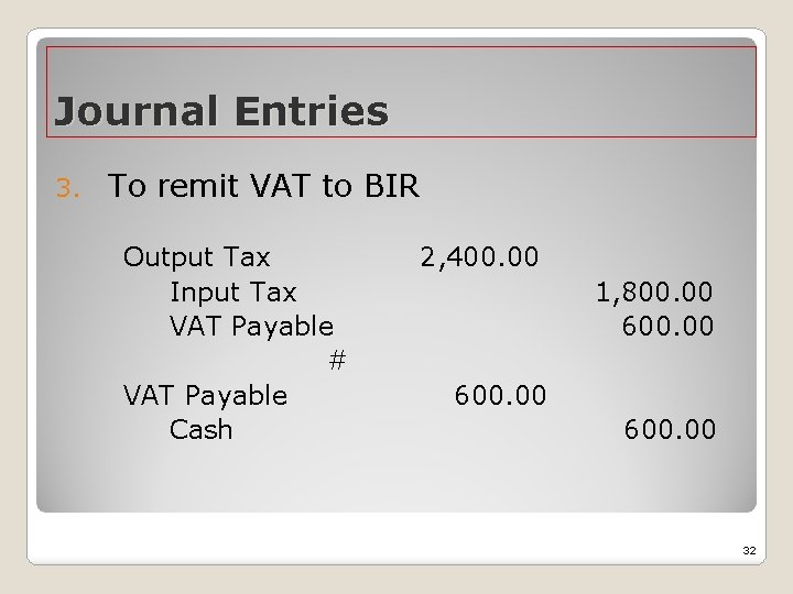 Journal Entries 3. To remit VAT to BIR Output Tax 2, 400. 00 Input