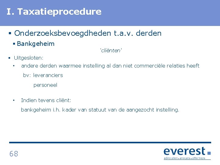 I. Titel Taxatieprocedure § Onderzoeksbevoegdheden t. a. v. derden § Bankgeheim ‘cliënten’ § Uitgesloten: