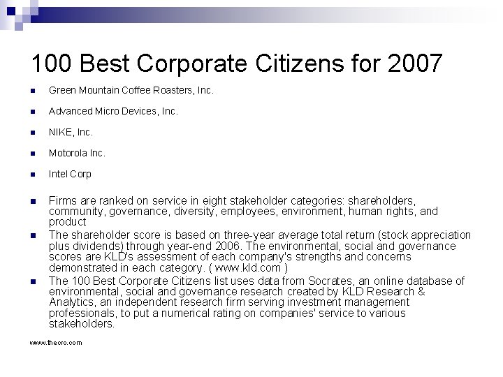 100 Best Corporate Citizens for 2007 n Green Mountain Coffee Roasters, Inc. n Advanced
