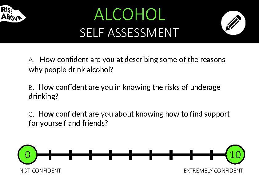 ALCOHOL SELF ASSESSMENT A. How confident are you at describing some of the reasons