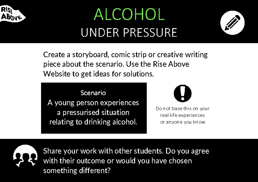 ALCOHOL UNDER PRESSURE Create a storyboard, comic strip or creative writing piece about the