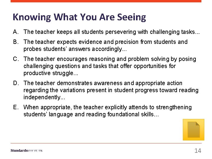 Knowing What You Are Seeing A. The teacher keeps all students persevering with challenging