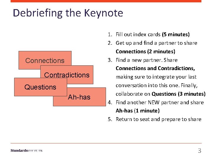 Debriefing the Keynote Connections Contradictions Questions Ah-has 1. Fill out index cards (5 minutes)